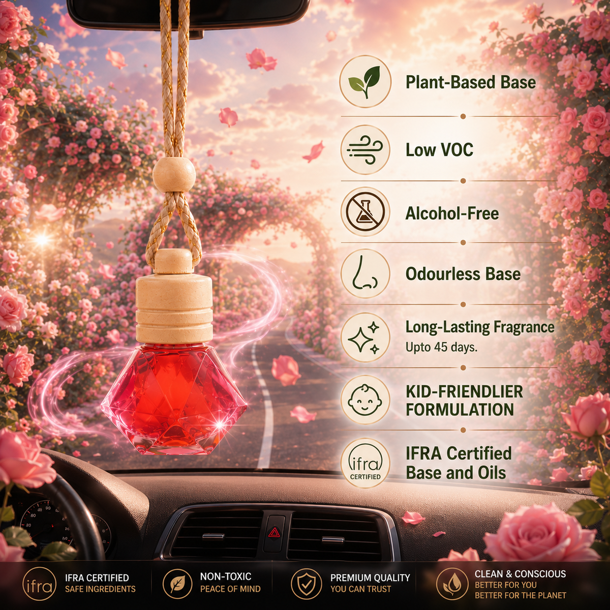 Luxury Car freshener - Alcohol-Free, Plant Based  - 10 ml ROSE | Lasts upto 45 days