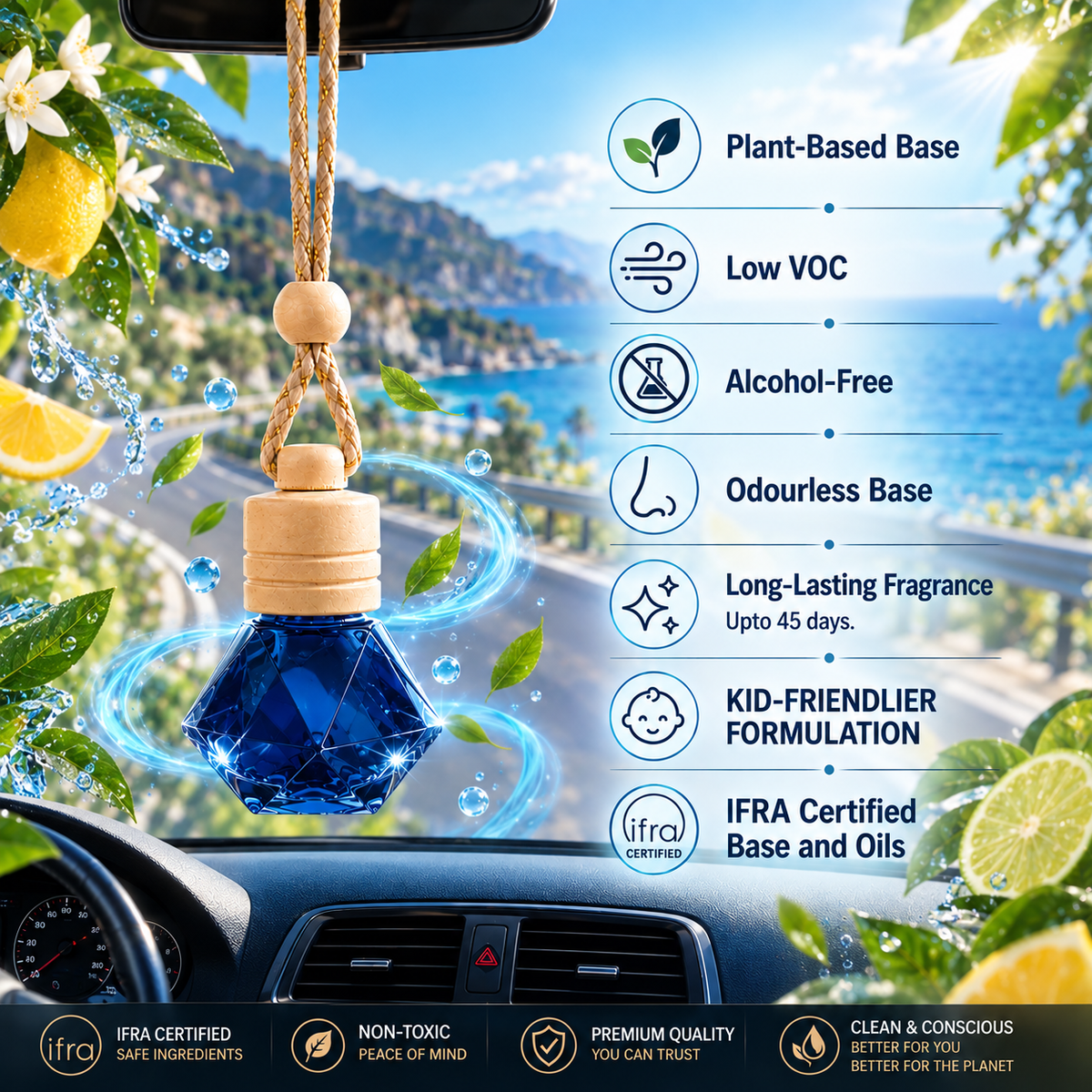 Luxury Car freshener - Alcohol-Free, Plant Based  - 10 ml FRESH AQUA | Lasts upto 45 days
